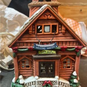 Lefton Festive Ceramic House with Red and Green Accents
